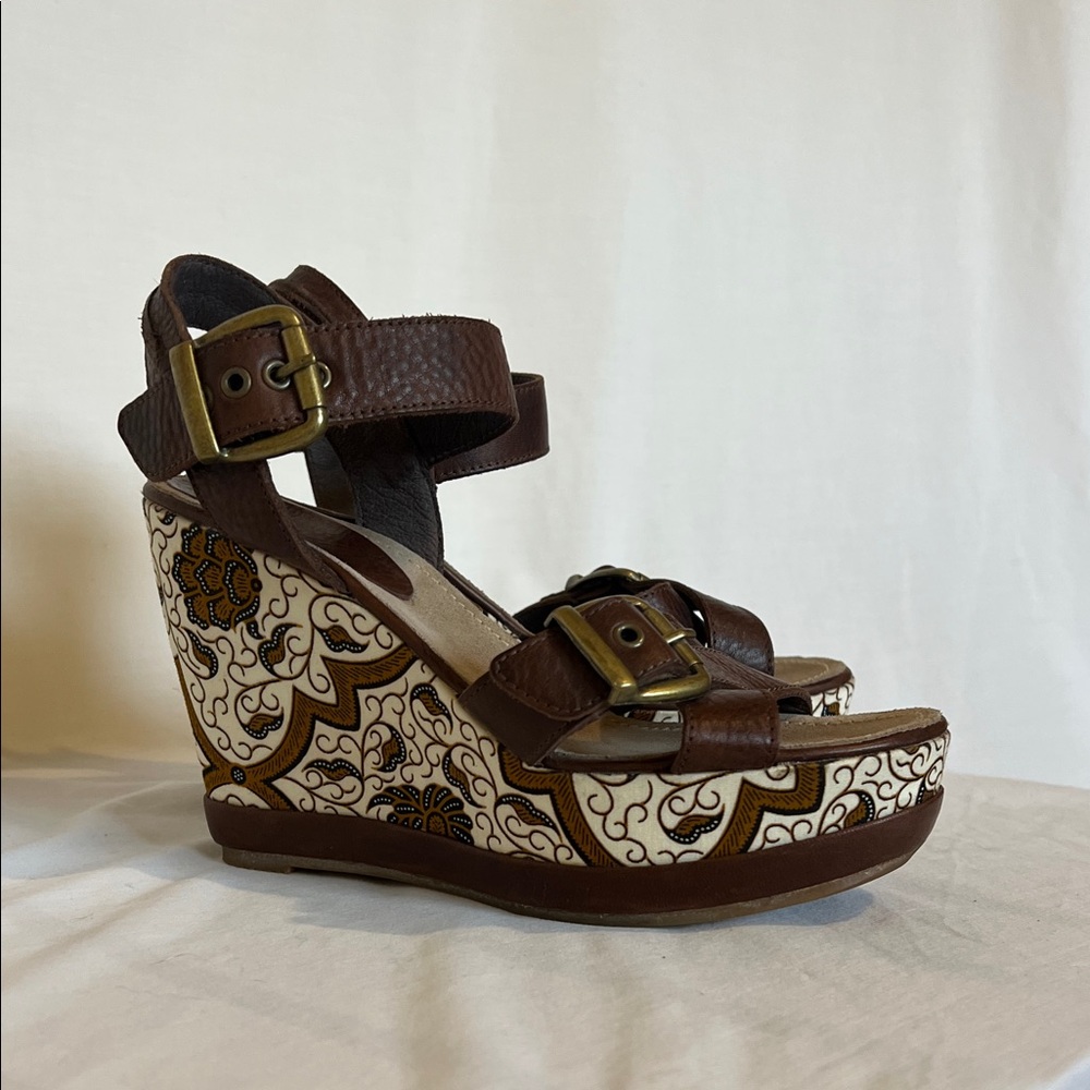 Blackstone - Wedge Heels - Brown White Leather Paisley - Size 38 or 7.5